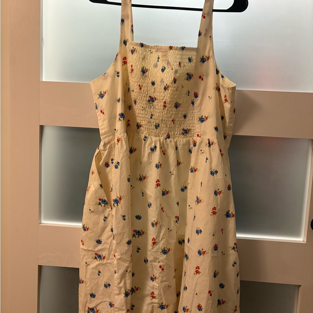 Floral women’s Dress - Cream with Red and Blue Accents - Picture 2 of 4